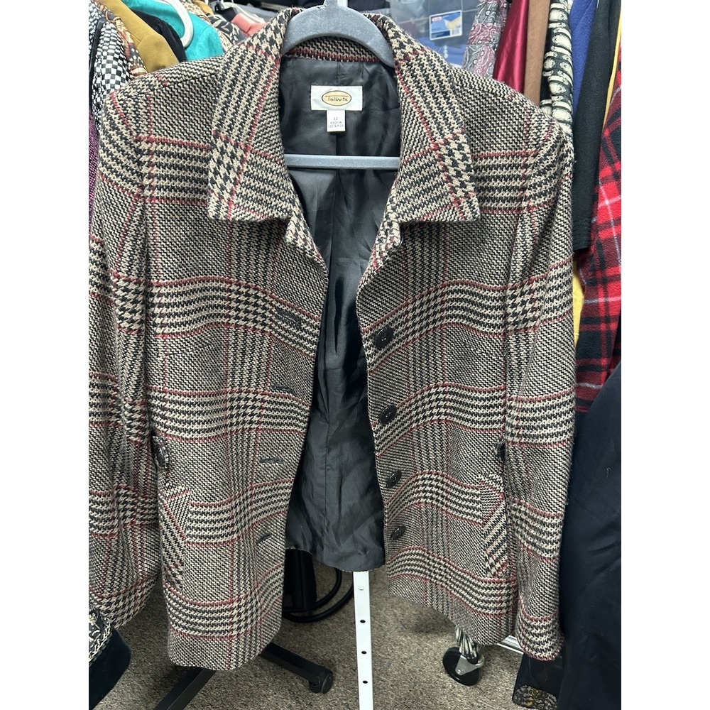 VTG Talbots Wool Tweed Plaid Jacket Cropped Blazer Tan Black Red Sz 12